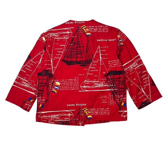 Vintage 1960s Sailing AOP Button Up Crewneck Jacket Top Union Made Red Womens 36 - Picture 2 of 7